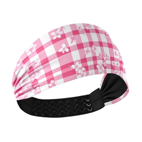 siphylline Hahnentrittmuster Kariert Hot Blush White Cherry Blossom Anti-Rutsch? Stirnbänder für Damenhaar, elastische Haarbänder für Damenhaar, zum Laufen, Basketball, Volleyball, Tennis von siphylline
