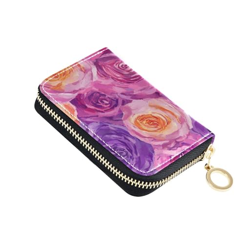 siphylline Handgezeichnete Rosen Pfirsichleder Kartenetui für Damen mit 9 Kartenfächern, RFID-blockierender Kartenorganizer mit Reißverschluss von siphylline