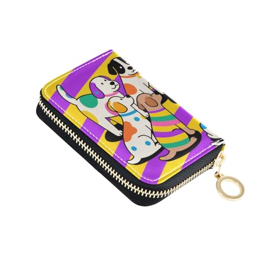 siphylline Happy Dogs Party Kartenetui für Damen, Leder, mit 9 Kartenfächern, RFID-blockierend, mit Reißverschluss, Violett / Gelb von siphylline