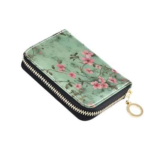 siphylline Hellgrünes Kartenetui aus Leder mit kleinen Blush-Blumen, mit 9 Kartenfächern, RFID-blockierendem Karten-Organizer mit Reißverschluss von siphylline