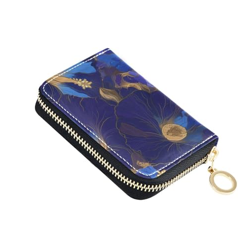 siphylline Indigo Morning Glory Herren Kartenetui mit abstrakten Blumen, Leder, mit 2 Geldfächern, RFID-blockierend, mit Reißverschluss von siphylline