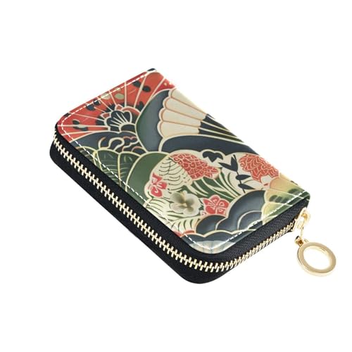 siphylline Japanischer Stil mit Fächermuster, Leder, Kreditkartenetui für Damen, mit 9 Kartenfächern, RFID-blockierendem Kartenhalter mit Reißverschluss von siphylline
