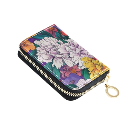 siphylline Kartenetui aus Leder, Motiv: Orchidee und Pfingstrosen, mit 2 Geldfächern, RFID-blockierend, mit Reißverschluss von siphylline