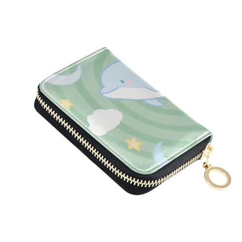 siphylline Kartenetui aus Leder mit süßem Tier, Delfinwolke, Salbeigrün, mit 2 Geldfächern, RFID-blockierend, kleiner Kartenhalter mit Reißverschluss von siphylline