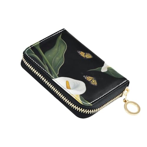 siphylline Kartenetui für Damen, Cartoon-Calla-Lilien-Blume, Leder, mit RFID-blockierendem Kartenorganizer mit Reißverschluss, Schwarz von siphylline