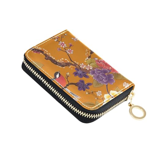 siphylline Kartenetui für Damen, Leder, mit 2 Geldfächern, RFID-blockierend, mit Reißverschluss, Orange mit Blumen und Vögeln von siphylline