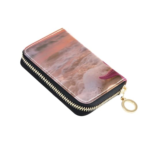 siphylline Kartenetui für Damen, Motiv: Sonnenuntergang am Strand, Seestern, Muscheln, Leder, mit 9 Kartenfächern, RFID-blockierendes Kartenetui mit Reißverschluss von siphylline