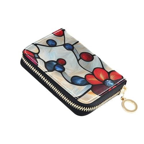siphylline Kartenetui für Damen mit roten Blumen und blauen Blättern, abstraktes Leder, mit RFID-blockierendem Kartenhalter für Herren, mit Reißverschluss von siphylline