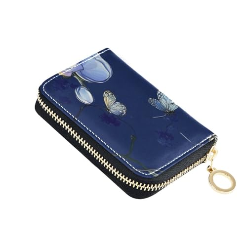 siphylline Kartenetui für Herren, Cartoon-Orchidee, marineblau, Blumenmuster, Leder, mit RFID-blockierendem Kartenetui mit Reißverschluss von siphylline