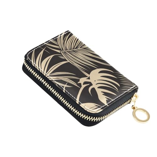 siphylline Kartenetui für Herren, Leder, mit 9 Kartenfächern, RFID-blockierend, mit Reißverschluss, Schwarz mit weißen Blättern von siphylline