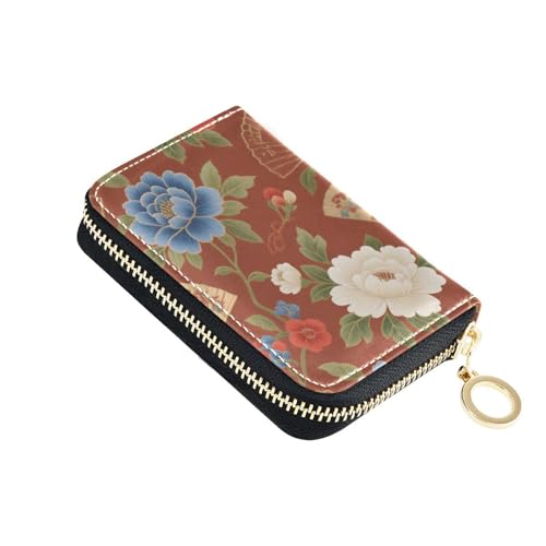 siphylline Kartenetui für Herren, Retro-Stil, Pfingstrosen, Leder, mit 9 Kartenfächern, RFID-blockierend, mit Reißverschluss, Rot und Blau von siphylline