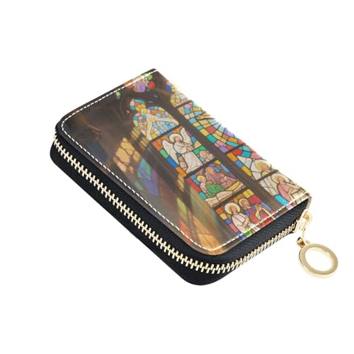 siphylline Kartenetui für Herren im europäischen Stil mit farbigen Blumenfenstern, aus Leder, mit RFID-blockierendem Kreditkartenorganizer mit Reißverschluss von siphylline