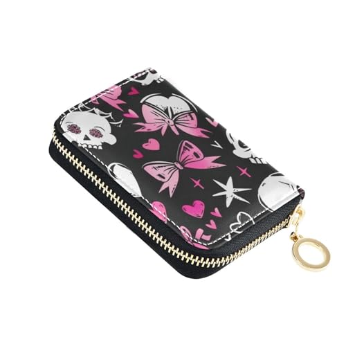 siphylline Kartenetui mit Totenkopf-Herzen, Sternen und Schleifen, Leder, mit 2 Geldfächern, RFID-blockierend, Herren-Kartenhalter mit Reißverschluss von siphylline