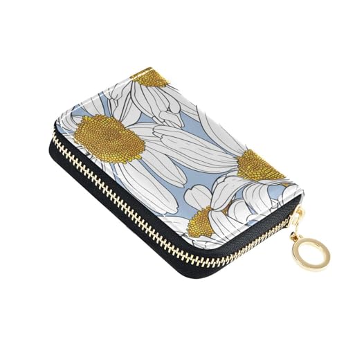 siphylline Kleine Geldbörse aus Leder mit weißen Gänseblümchen und gelben Staubblättern, mit 9 Kartenfächern, RFID-blockierend, Damen-Kartenhalter mit Reißverschluss von siphylline