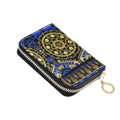 siphylline Kleine Kreditkartenetui aus Leder mit RFID-blockierendem Kartenetui mit Reißverschluss, Bohemian-Muster in Blau und Gold von siphylline