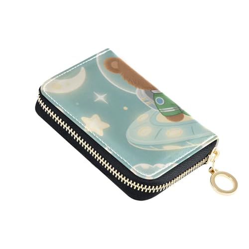 siphylline Kleines Kartenetui aus Leder mit süßem braunem Bär, Astronaut, mit 9 Kartenfächern, RFID-blockierend, Kartenhalter für Herren, mit Reißverschluss von siphylline