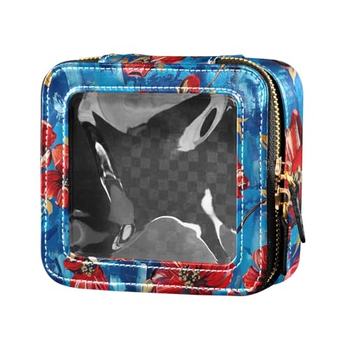 siphylline Kosmetiktasche mit blauen Blumen und rotem Hintergrund, transparent, klein, wasserdicht, Reise-Kulturbeutel, Kosmetiktasche für Damen, Blaue Blumen, roter Hintergrund, 1 size von siphylline