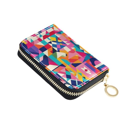 siphylline Kreditkarten- und Ausweishülle für Herren im Bohemian-Stil, geometrische Form, kräftige Farben, Leder, mit 2 Geldfächern, RFID-blockierend, mit Reißverschluss von siphylline