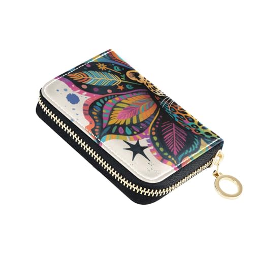 siphylline Kreditkartenetui für Damen, Boho-Mandala-Blumen, Leopardenmuster, bunt, Leder, mit 2 Geldfächern, RFID-blockierend, kleines Kreditkartenetui mit Reißverschluss von siphylline