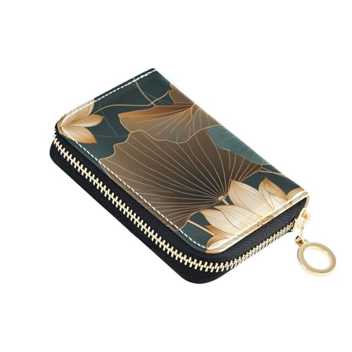 siphylline Kreditkartenetui für Damen, Motiv: Seerosenblätter, Seerosenblätter, Leder, mit RFID-blockierendem Kartenhalter mit Reißverschluss, Grün / Gold von siphylline