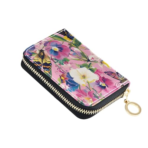 siphylline Kreditkartenetui für Herren, Motiv: Blumen Lilie, Stiefmütterchen, Schmetterlinge, Leder, mit RFID-blockierendem Kartenhalter für Herren, mit Reißverschluss von siphylline