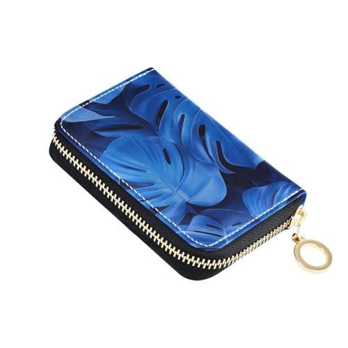 siphylline Kreditkartenetui für Herren, Motiv: tropische Blätter, Blumen, Leder, Kartenetui mit RFID-blockierendem Reißverschluss, Blau von siphylline