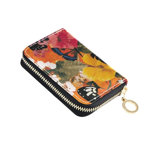siphylline Kreditkartenetui für Herren, Schmetterlinge und Blumen, lebendige Farben, Leder, mit 2 Geldfächern, RFID-blockierend, Kreditkarten-Organizer mit Reißverschluss von siphylline