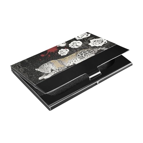 siphylline Leopard und Rose Schwarz Weiß Gothic Stil Slim Portable Visitenkartenhalter mit Leder und Edelstahl Kartenhalter für Damen oder Herren von siphylline