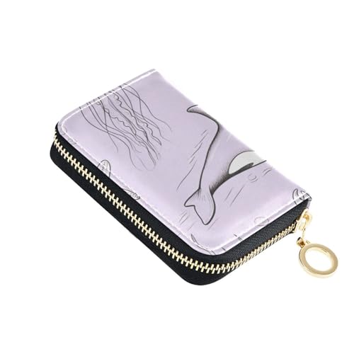 siphylline Line Drawing Ocean Animal Shark Fish Lilac Black Leather Credit Card Wallet for Women With 9 card slot RFID Blocking credit card protector with zipper von siphylline