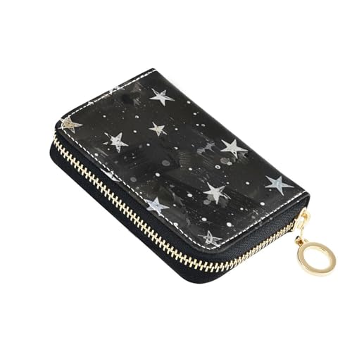 siphylline Little Stars Kartenetui für Herren, Leder, mit 2 Geldfächern, RFID-blockierend, mit Reißverschluss, Schwarz von siphylline