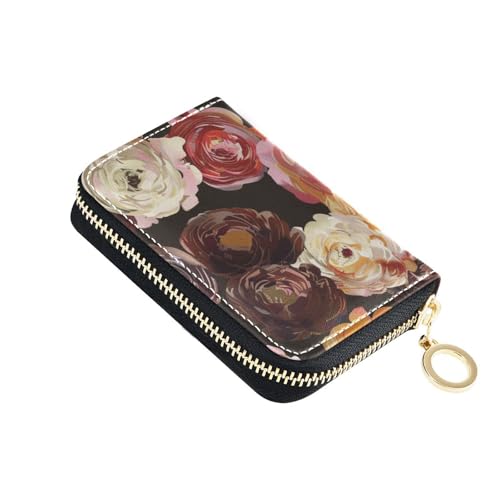 siphylline Love Floral Anime Schokoladenleder Herren Kartenetui mit 2 Geldfächern, RFID-blockierend, Damen-Kartenhalter mit Reißverschluss von siphylline