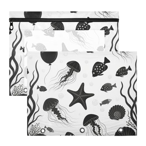 siphylline Mehrzweck-Bleistiftmäppchen mit 3 Ringen für A4-Papier, Briefe, 2 Stück, Lehrerklasse, Schwarz / Weiß, Unterwasserfische von siphylline