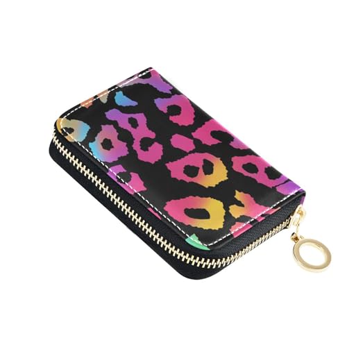 siphylline Neon-buntes Leopardenmuster aus Leder für Herren, mit 9 Kartenfächern, RFID-blockierendem Kreditkartenetui mit Reißverschluss von siphylline