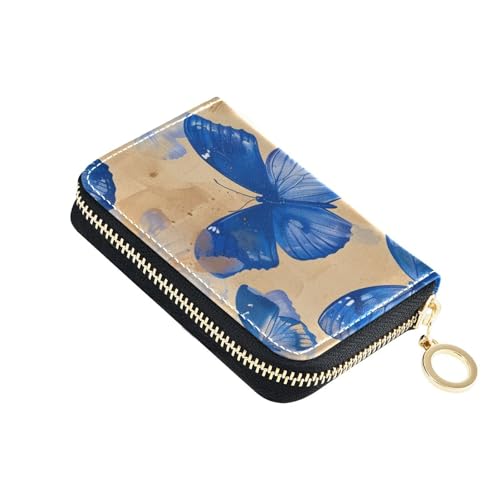 siphylline Psychedelic Blue Butterfly Leder Herren Kartenetui mit 9 Kartenfächern, RFID-blockierender Kartenhalter mit Reißverschluss von siphylline