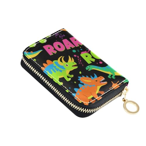 siphylline Roaring Dino Spot Damen Kartenetui aus Leder, mit 2 Geldfächern, RFID-blockierend, mit Reißverschluss, Schwarz / Grün / Blau von siphylline