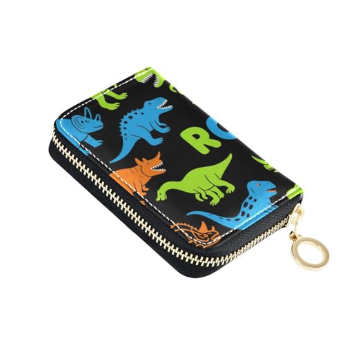 siphylline Roaring T-Rex Ankylosaurus Geldbörse aus Leder, Kartenetui für Damen, mit 9 Kartenfächern, RFID-blockierend, mit Reißverschluss, Schwarz / Blau / Grün von siphylline