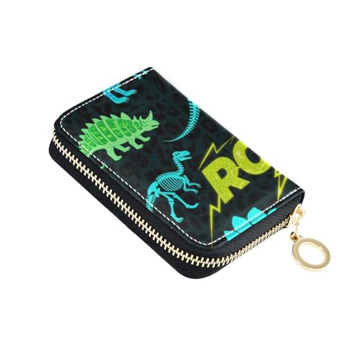 siphylline Roaring T-Rex Pterosaur Ankylosaurus Kartenetui für Damen, Leder, mit 2 Geldfächern, RFID-blockierend, Kreditkartenetui mit Reißverschluss, Schwarz / Grün von siphylline