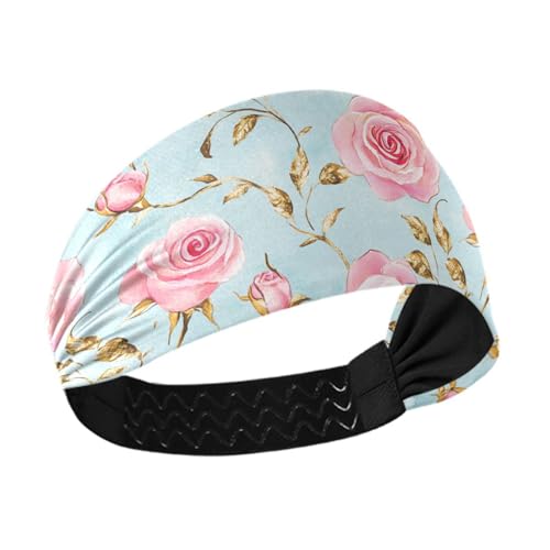 siphylline Roses Golden Leaves Pastell Retro Anti-Rutsch-Baseball-Stirnband, elastisch, breite Stirnbänder für Damenhaar, für Basketball, Yoga, Tennis, athletische Sportarten von siphylline