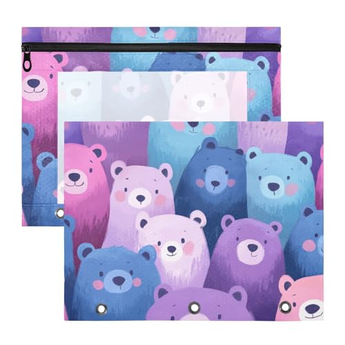 siphylline Stiftebox mit Reißverschluss, Kunststoff-Aktenordner für 3 Ringe, 2 Stück, Studenten, Kunstbedarf, Aufbewahrung, violette Cartoon-Bären von siphylline