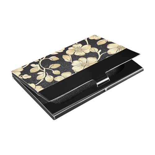 siphylline Ultradünner Visitenkartenhalter mit Blumenmuster in Gold und Schwarz, mit Kartenfächern aus Leder und Edelstahl, für Damen oder Herren von siphylline