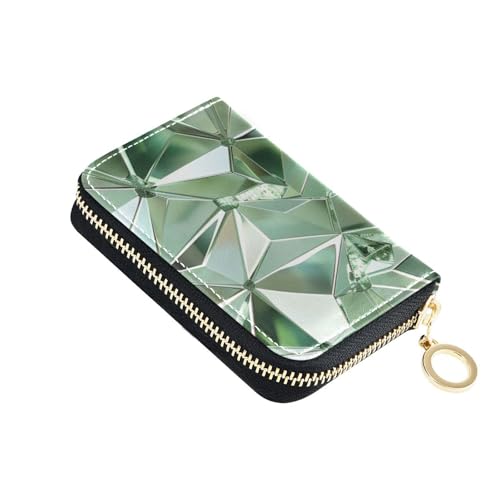 siphylline Unregelmäßiges Polygon, weiches grünes Kristallmuster, Kreditkartenetui aus Leder mit Cion-Geldbörse, RFID-blockierender Kreditkartenschutz mit Reißverschluss von siphylline