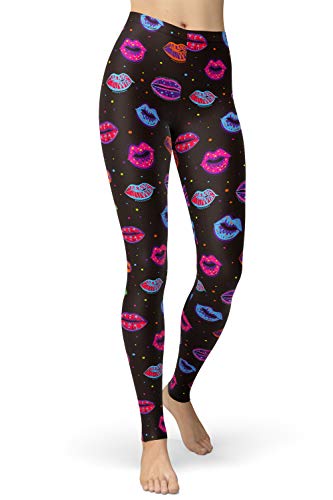 sissycos 80er Leggings Damen Bunt Print Leggings Oil Painting Graffiti Yoga Strumpfhosen Sporthose Leggins Lang L Bunte Lippen von sissycos