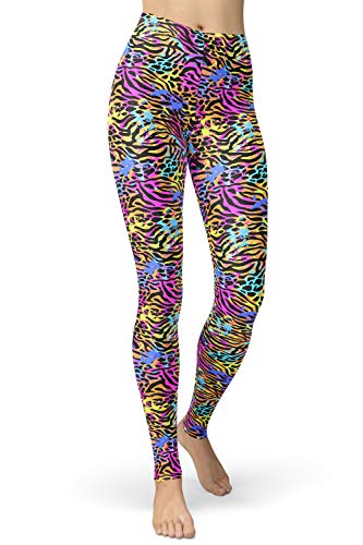 sissycos Damen Tier Muster Leggings, Leoporden Bunte Leggins Sexy, Oil Painting Sanft Hohe Taille Strumpfhose Lang（Neon Tier Mix Leopard Leggings Drucken,S-L von sissycos