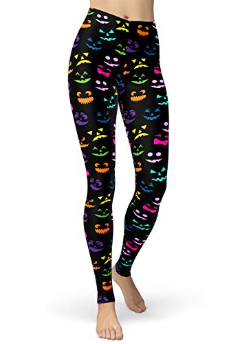 sissycos Damen 80er Artistic Leggings, Bunte Print Sanft Hohe Taille Lang Regular und Plus Size(Halloween Kürbisse Gesicht,XL) von sissycos