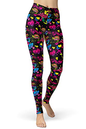 sissycos Damen 80er Artistic Leggings, Bunte Print Sanft Hohe Taille Lang Regular und Plus Size(Splash Lips,L) von sissycos