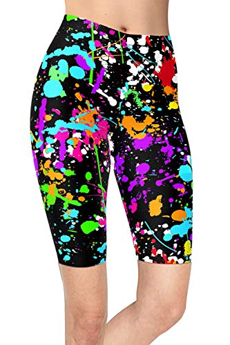 sissycos Damen 80er Muster Leggings Kurz, Mädchen Tie Dye Artistic Splash Cropped Soft Kurze Hosen(L-XXL,schwarzer Spritzer) von sissycos