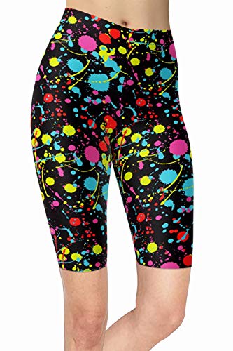 sissycos Damen 80ers Splash Printed Biker Shorts Bunt Kurze Leggings Soft Hose(L-XXL,Neon Splash) von sissycos