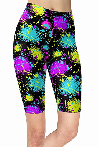 sissycos Damen 80ers Splash Printed Biker Shorts Bunt Kurze Leggings Soft Hose(L-XXL,Neon Splatter) von sissycos