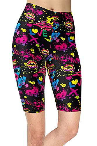 sissycos Damen 80ers Splash Printed Biker Shorts Bunt Kurze Leggings Soft Hose (L-XXL, Liebe & Lippen) von sissycos