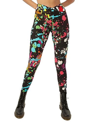 sissycos Damen 80er Artistic Crossover Leggings,bunten Splatter Druck weich Lange Normale und Plus Größe（Neon Burst Splash,S） von sissycos